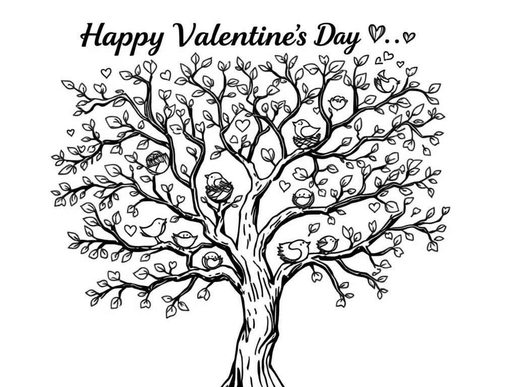 A heart-shaped tree coloring page with tiny birds building nests among its branches. At the top it says "Happy Valentine’s Day" - Valentines Day Coloring Page