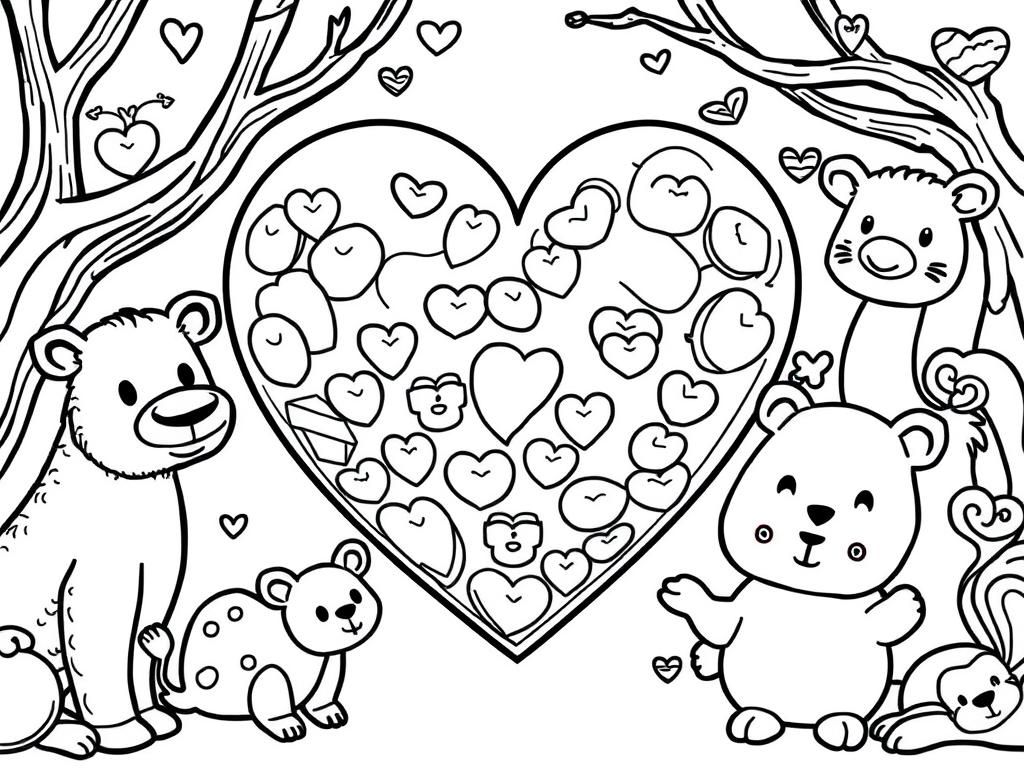 A heart with all sort of cute animals around it