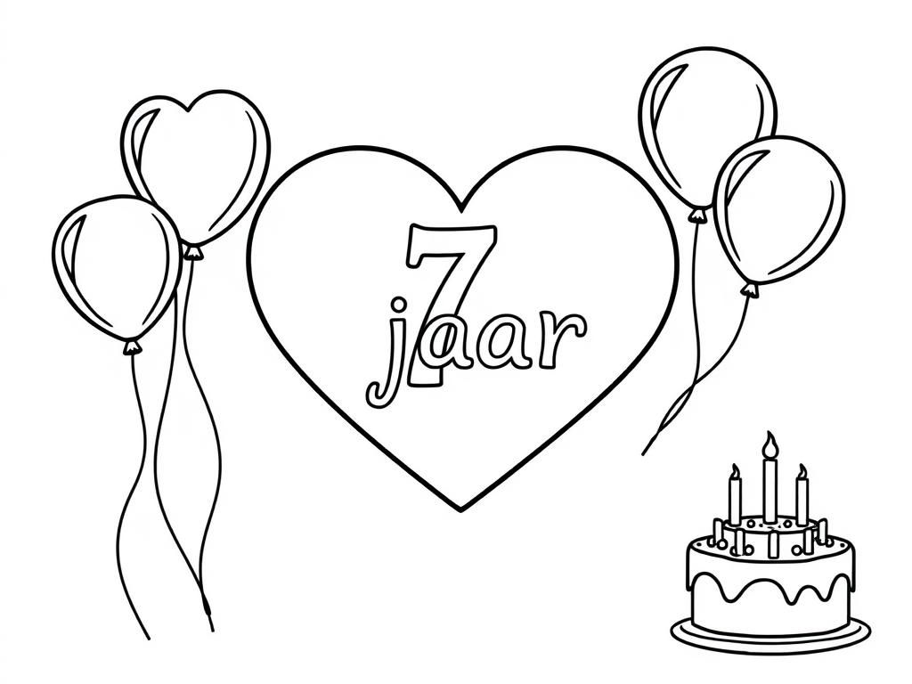 Preview of a heart with the text: "7 jaar", balloons and cake