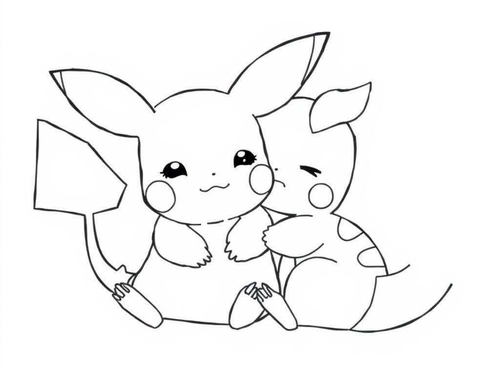 Preview of A heartwarming baby pikachu coloring pages idea where Baby Pikachu is snuggling up next to a warm, glowing Charmander tail