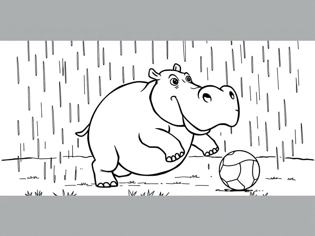 a hippo playing football in the rain