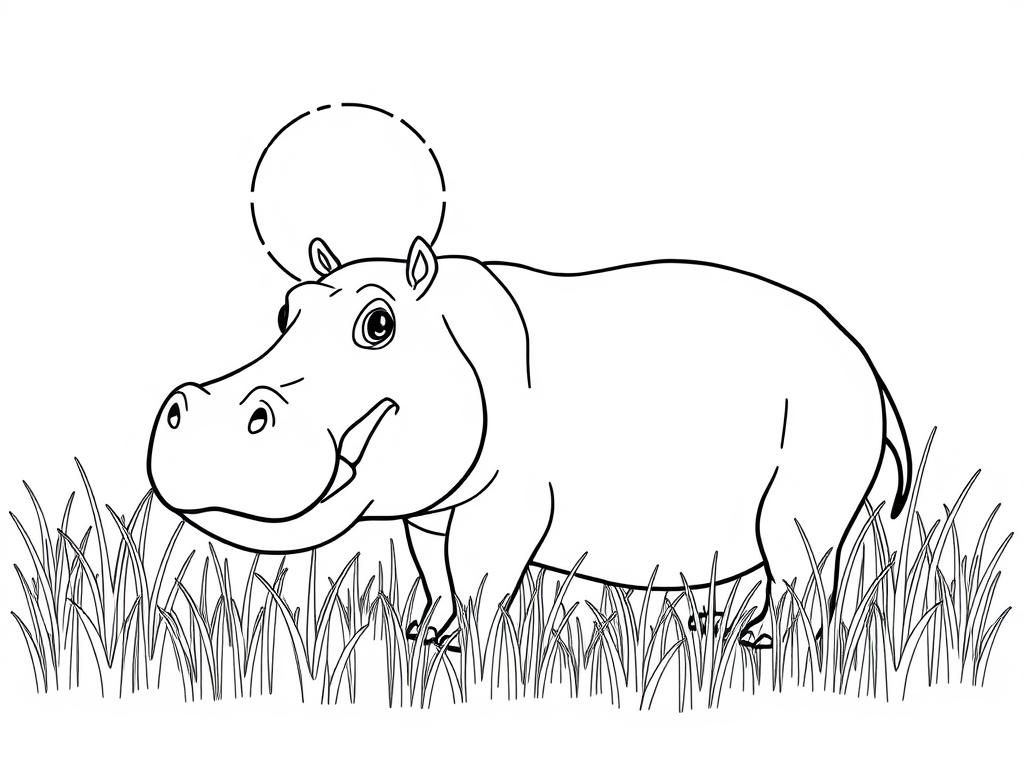 "A Hippopotamus, . Background: a warm savanna with tall grass and a glowing sun." - Free Printable Coloring Page