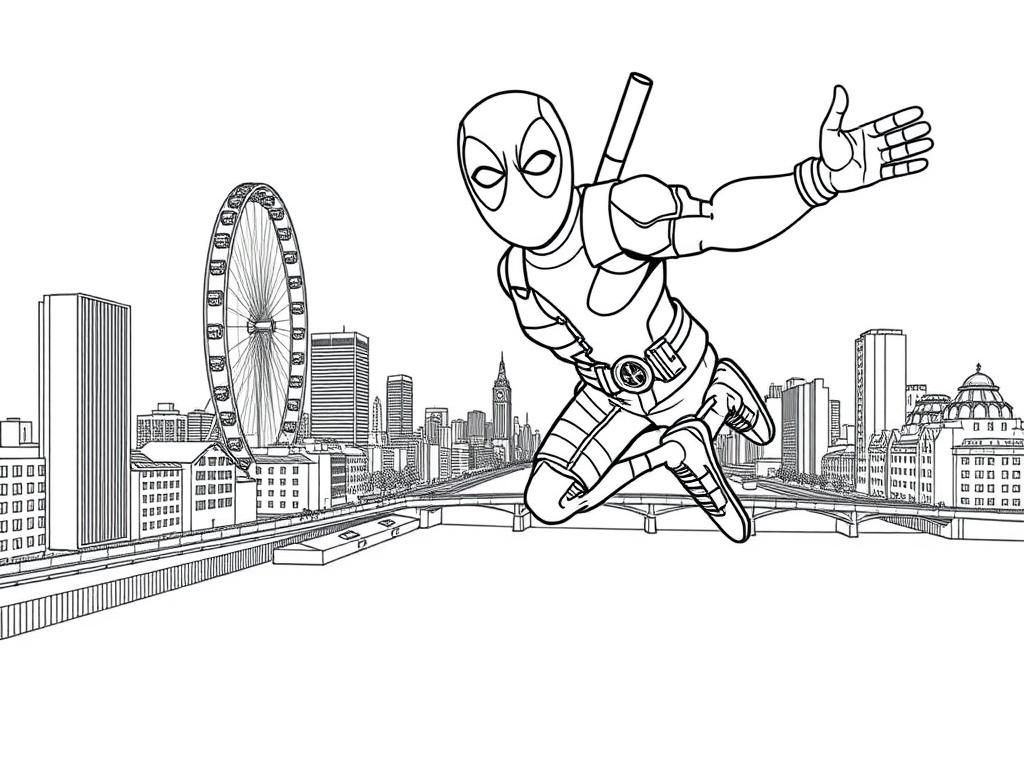 a horizon view of southbank with ferris wheel, then include a large deadpool character floating from above, make buildings a little larger include deadpools face  and body and legs, remove extra hand - Free Printable Coloring Page