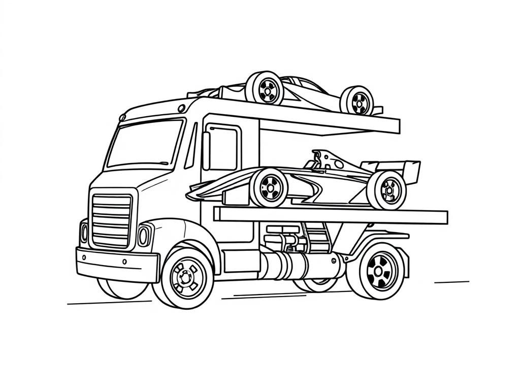 Preview of A hot wheels transportation truck with many levels carrying one formula 1