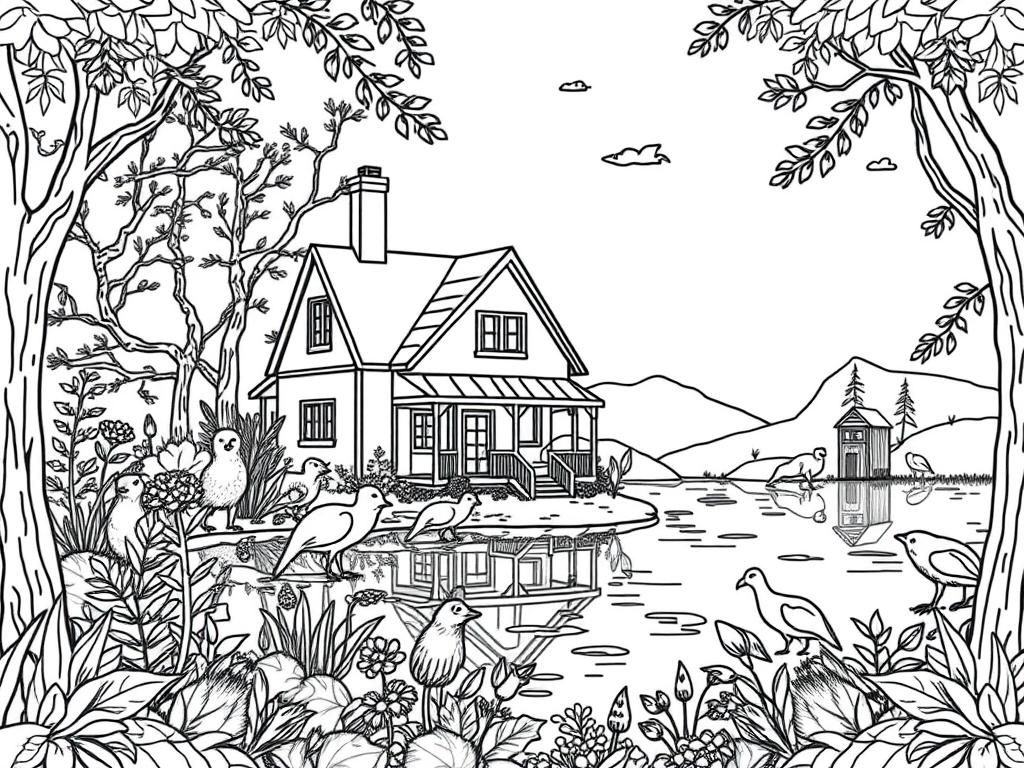 Peaceful House Coloring Page: Unwind with Nature