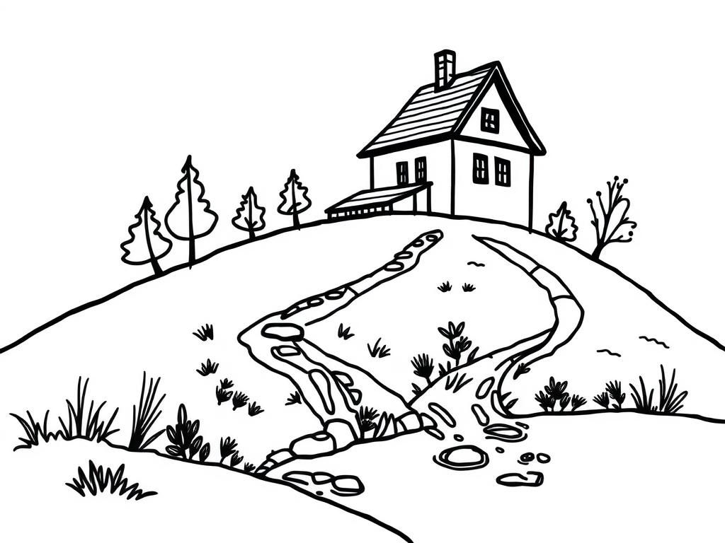 Preview of A house on a hill with a stream flowing by