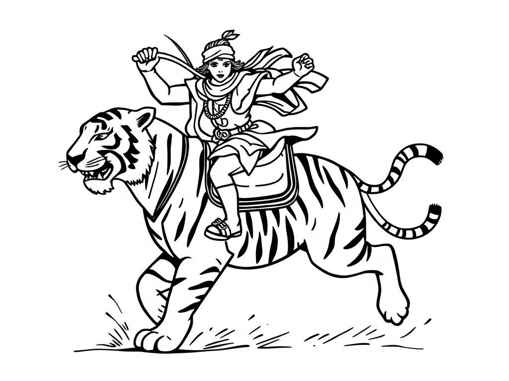 a human holding a whip riding on a tiger with a saddle - Free Printable Coloring Page