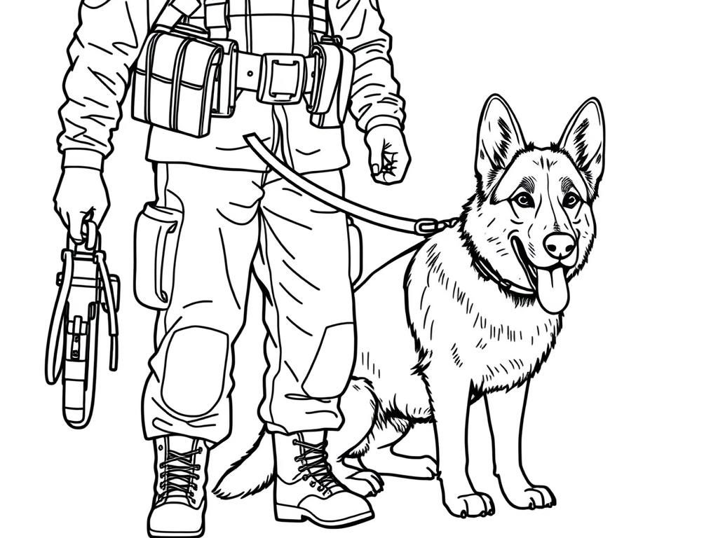 Kleurplaat van een militair en een Duitse herdershond