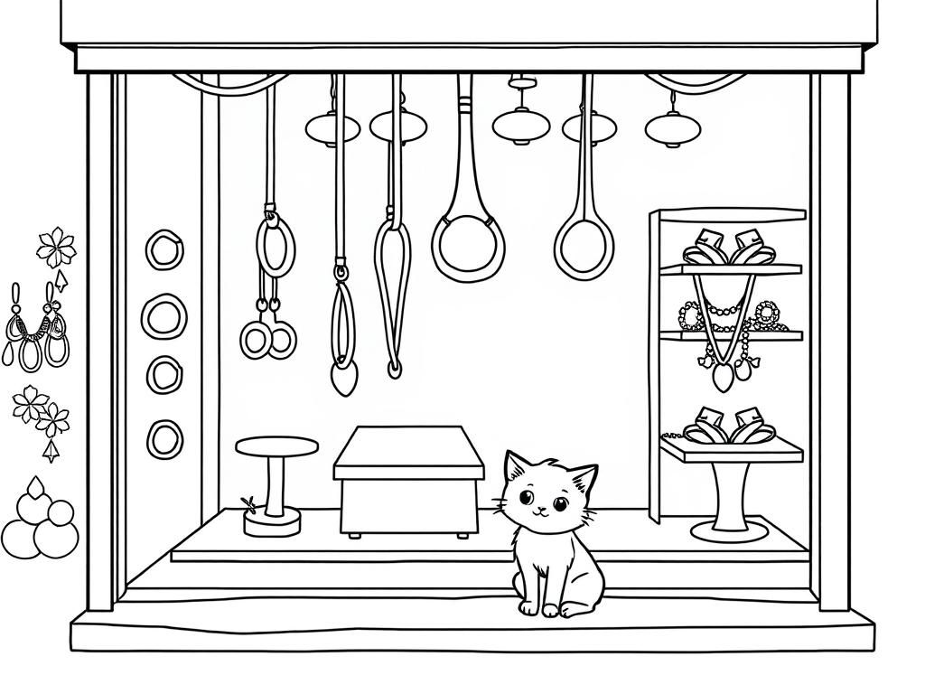 a jeweler's store window with rings, necklaces, and a kitten - Free Printable Coloring Page