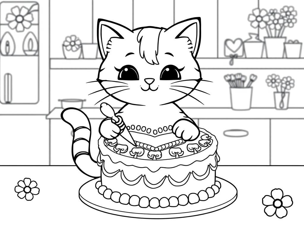 A kawaii cat icing and decorating a heart shaped cake with frilly piping in a kitchen with flowery decorations - Free Printable Coloring Page