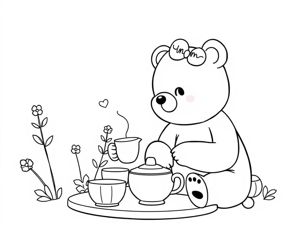 A kawaii themed bear having a tea party - Free Printable Coloring Page