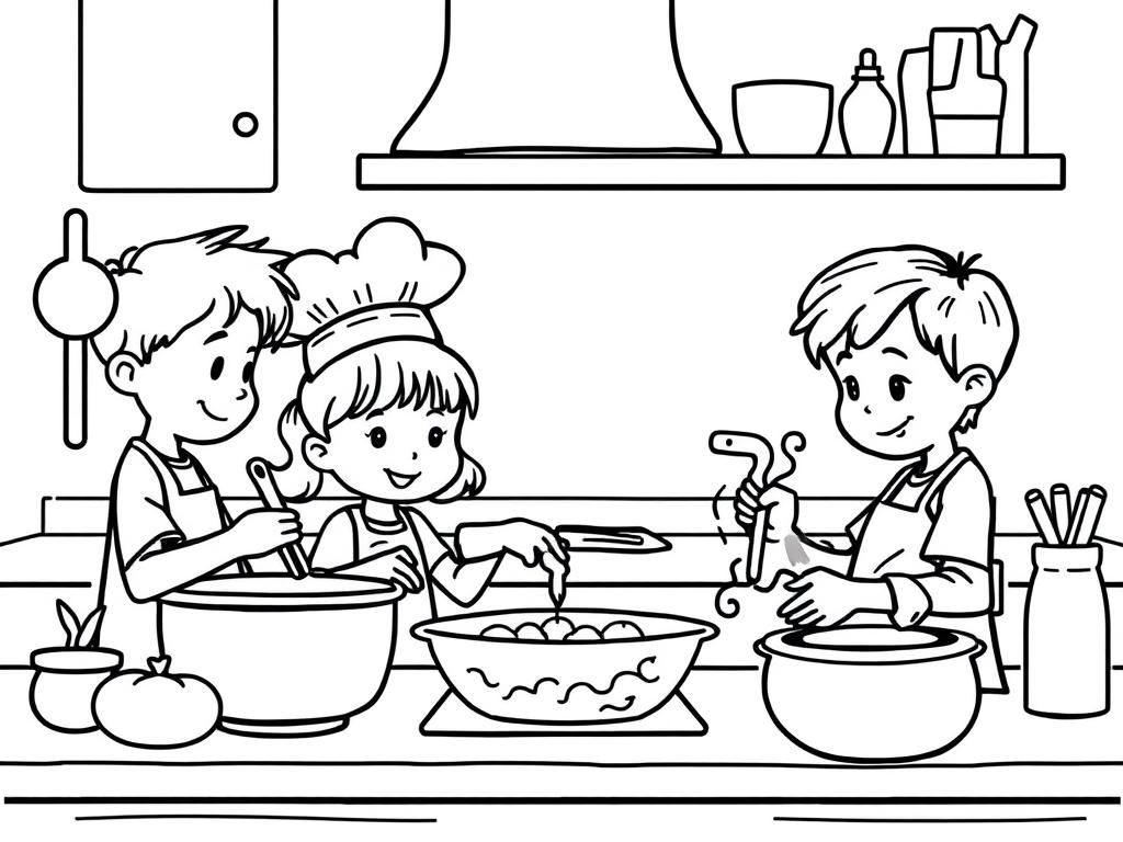 A kitchen with children cooking, one wearing a chef hat