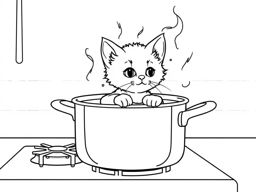 a kitten in a cook pot full of water on a gas stove in a kitchen