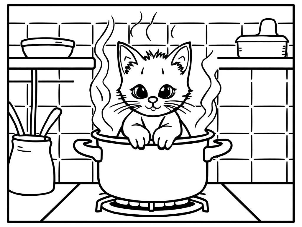 a kitten in a cook pot on a gas stove in a kitchen scene