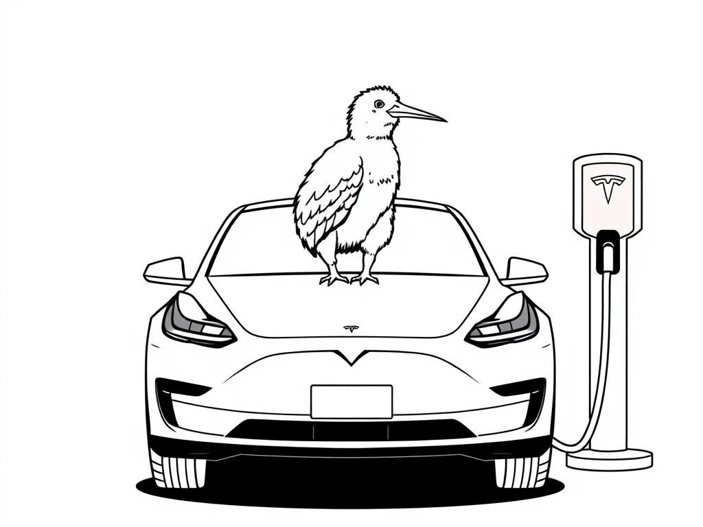 Preview of a kiwi bird sitting on top of tesla at charge station