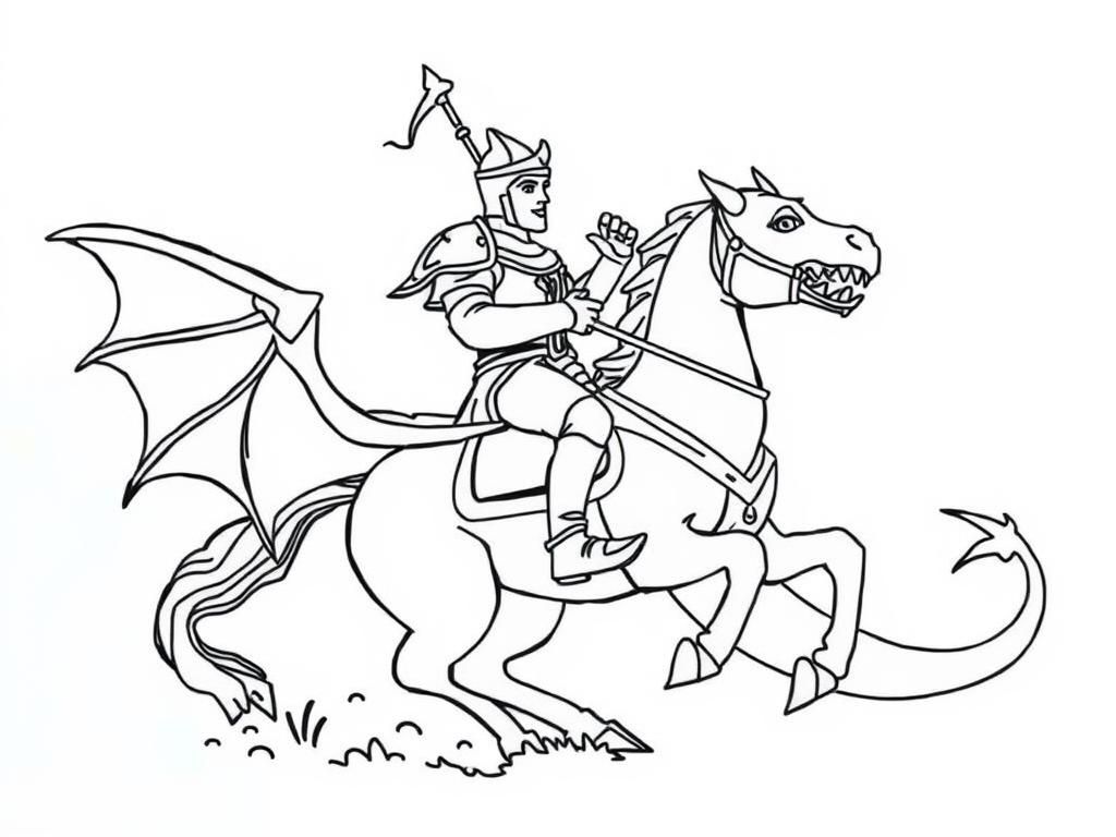 A knight on a horse battling a dragon