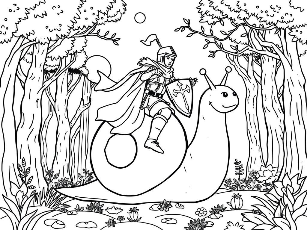 Preview of A knight riding a giant snail through an enchanted forest.