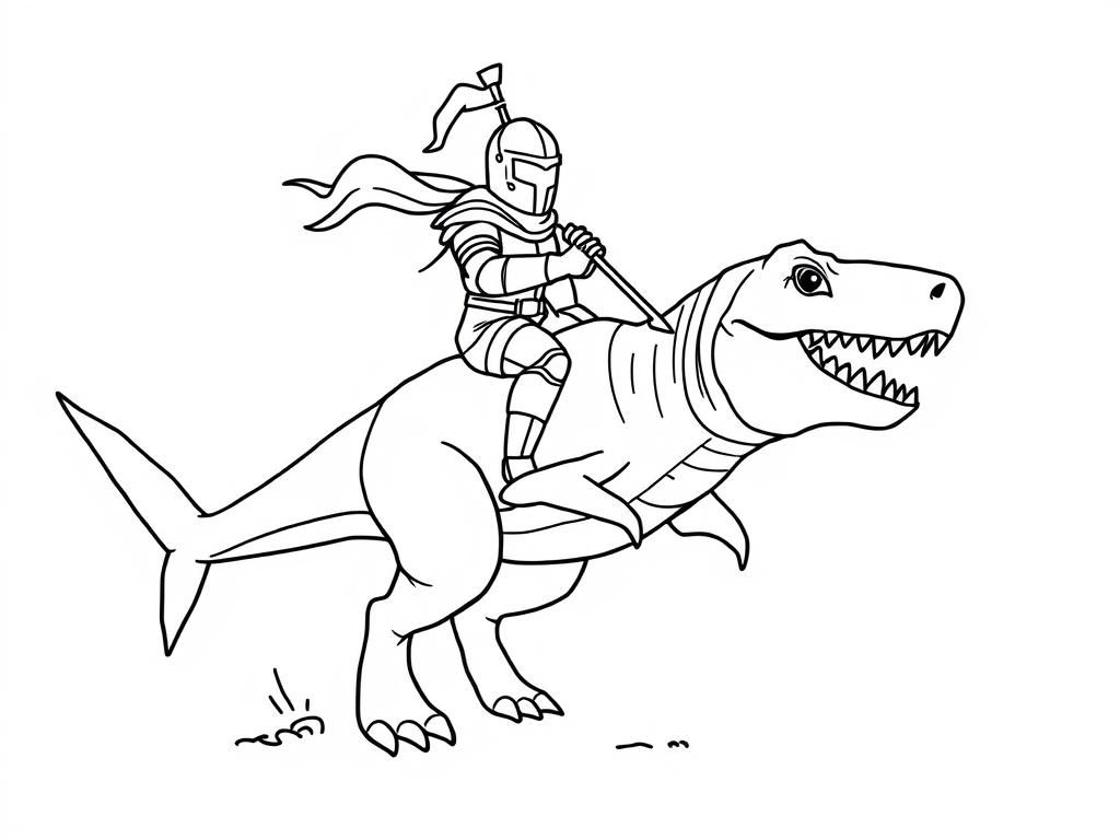 a knight riding a shark dinosaur - Free Printable Coloring Page