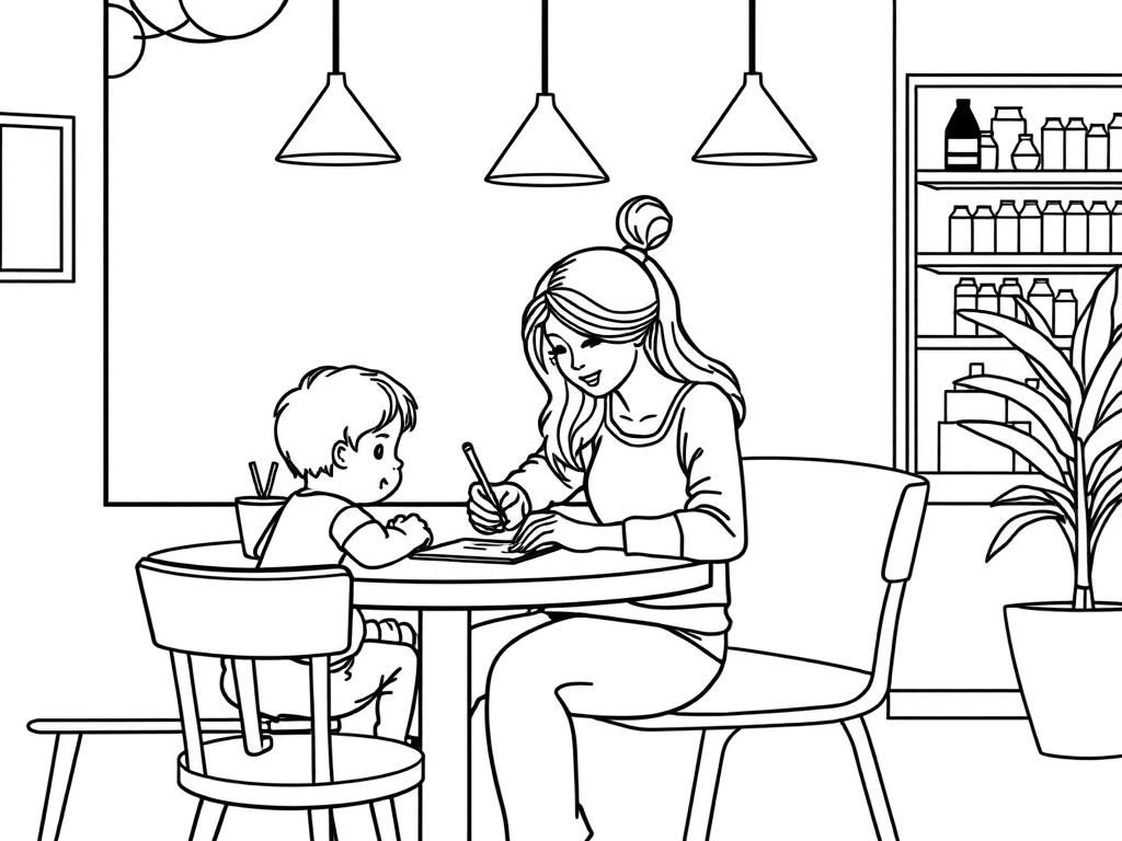 Preview of a lady sitting in a coffee shop writing a list. she has a husband and a 4 year old son with her