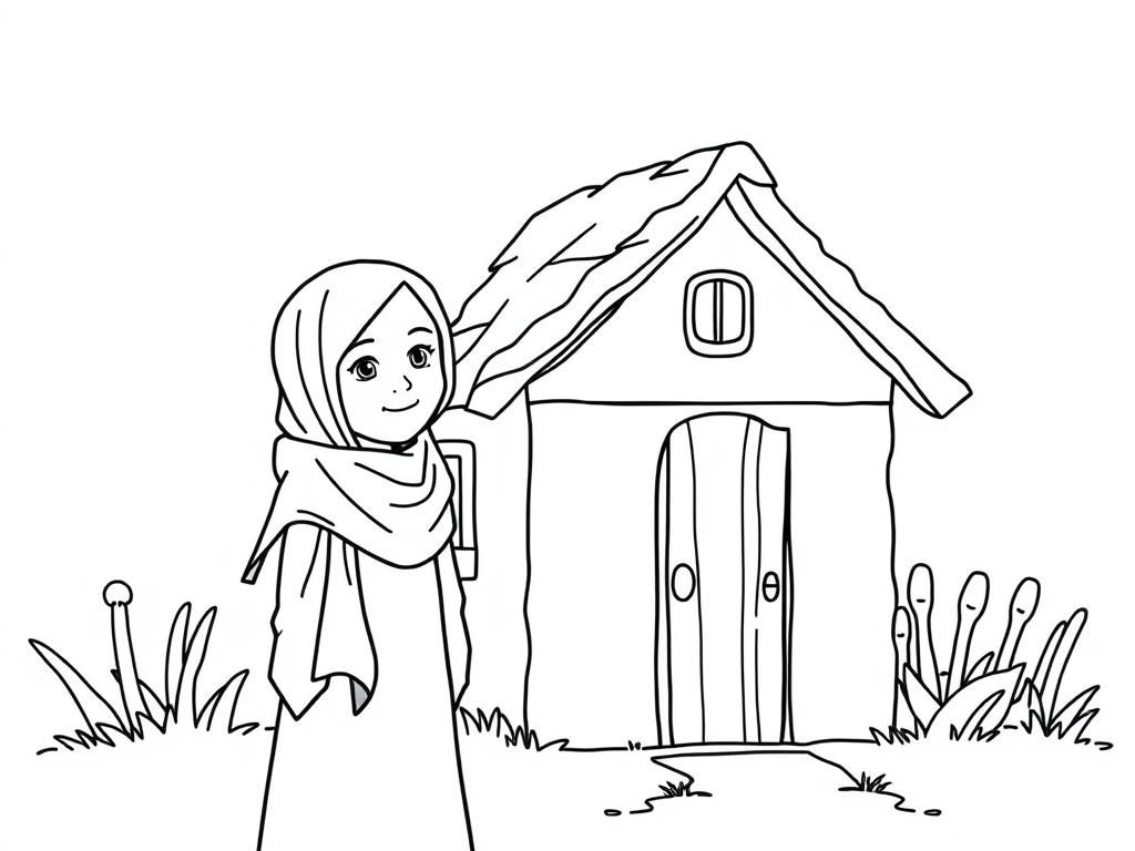 Kleurplaat Meisje voor het huis