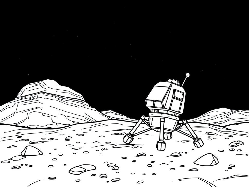 Preview of a landing module standing on the surface in a night scene on mars drawn with the thinnest lines with a black sky with stars