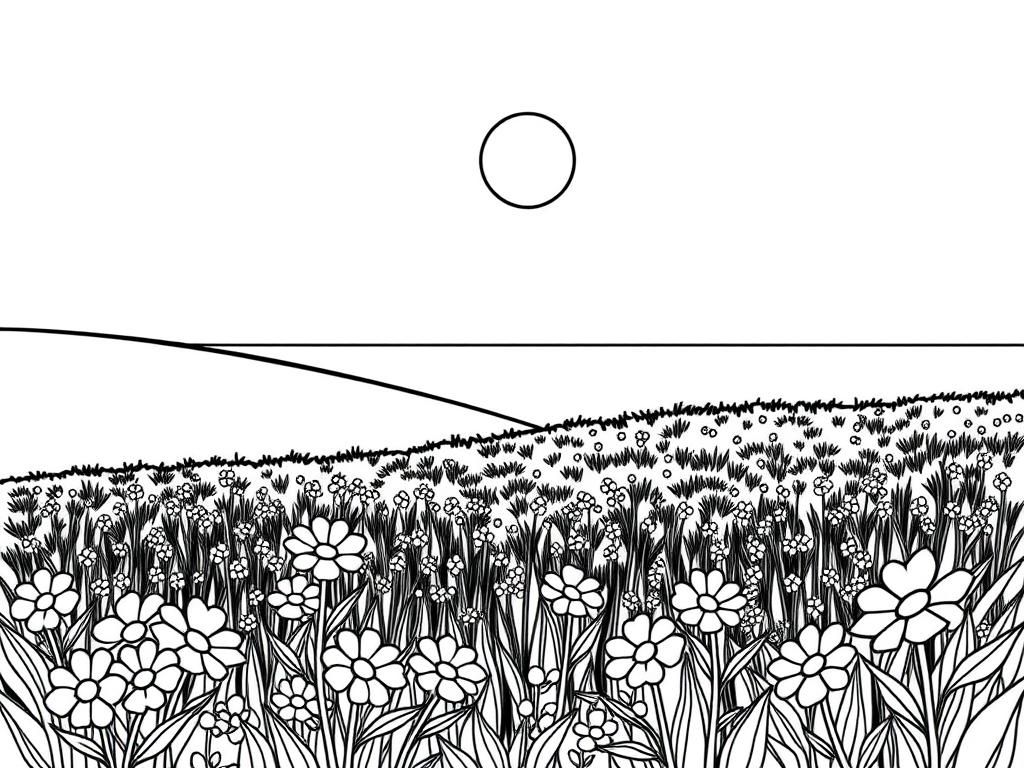 Preview of a landscape of a flower field with the sun shining atop of a hill over looking the sea