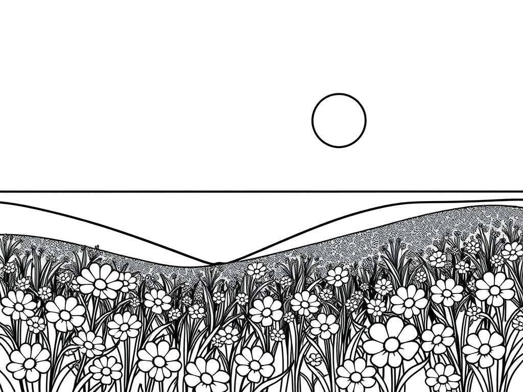 Preview of a landscape of a flower field with the sun shining atop of a hill over looking the sea