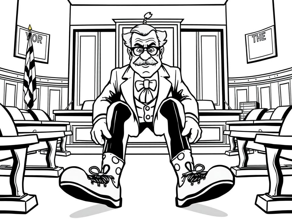 a lawyer wearing clown shoes in a courtroom scene