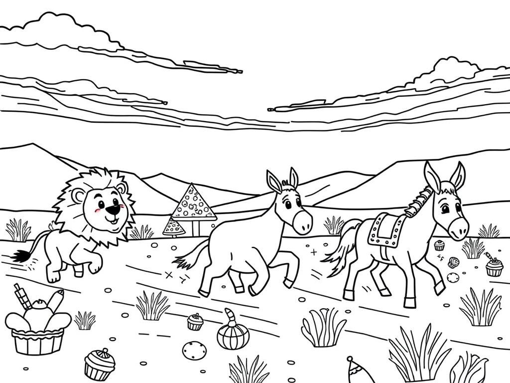 Lion and Donkeys Desert Party Coloring Page