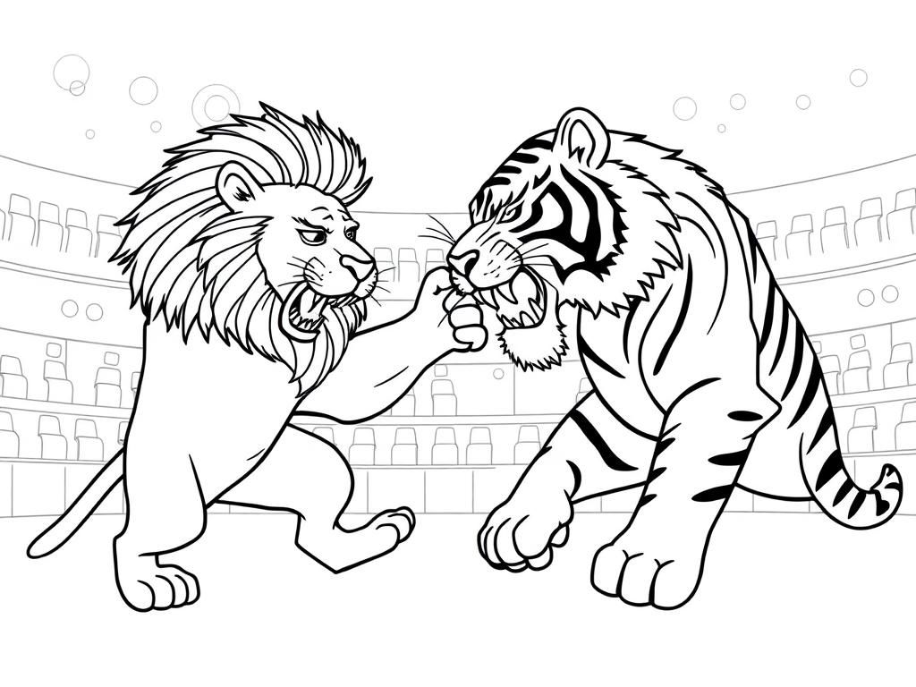 Preview of A lion and a tiger fighting in a stadium