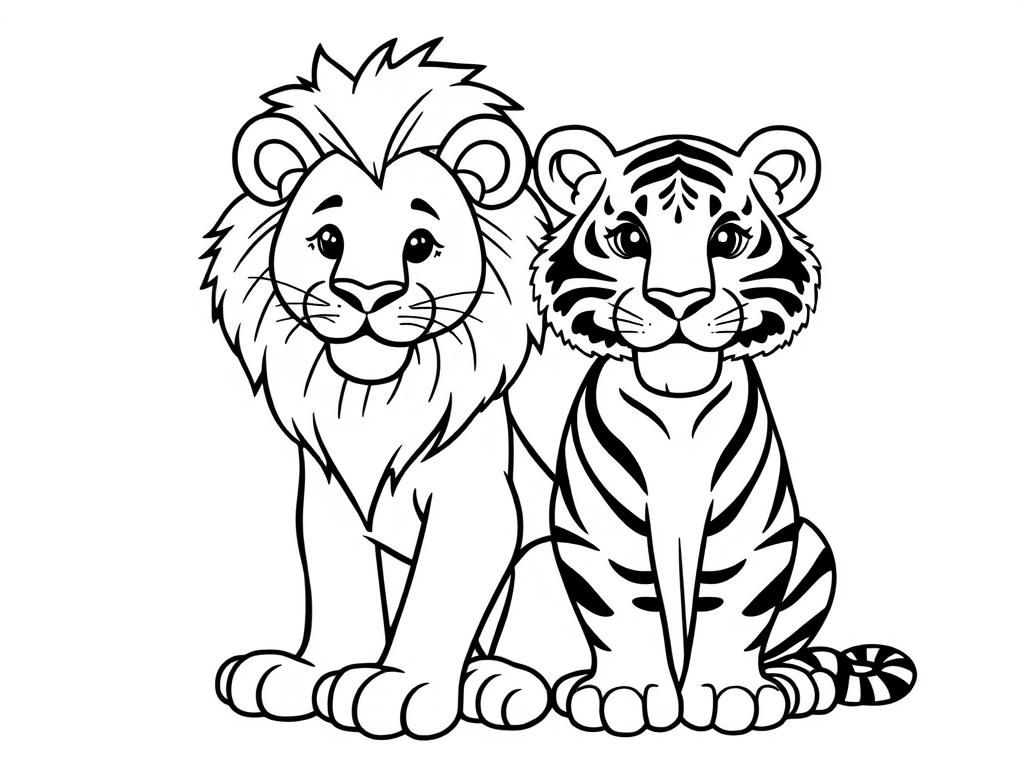 Preview of A Lion and a tiger sitting next to each other.