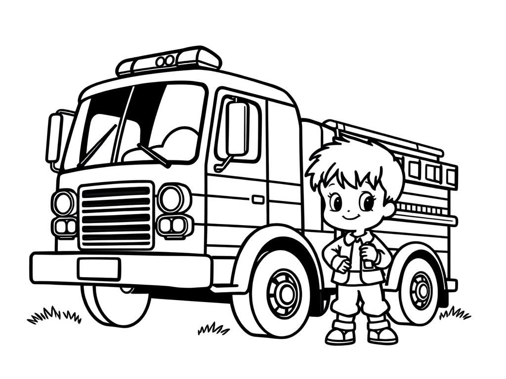 a little boy next to a fire truck - Free Printable Coloring Page