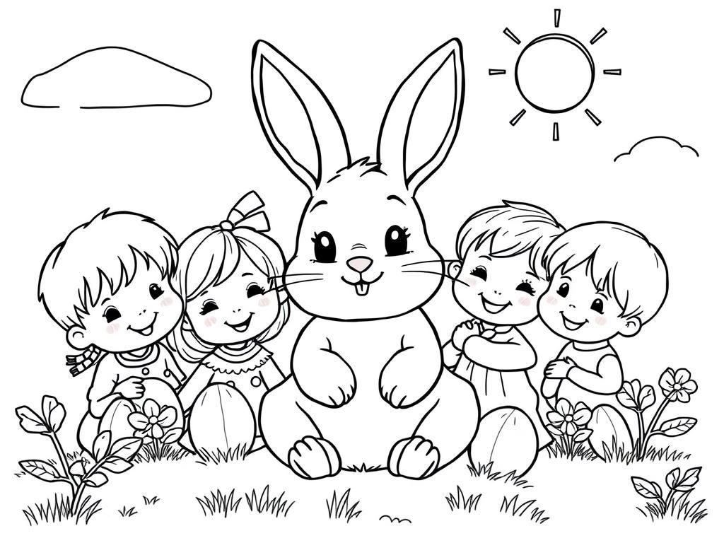 Bunnies and Kids in a Sunny Meadow Coloring Page