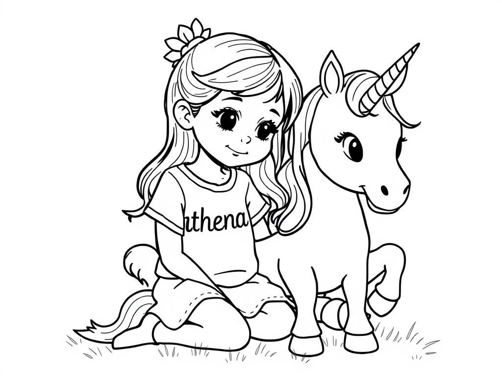 Preview of a little girl with 'athena' written on her shirt playing with a unicorn