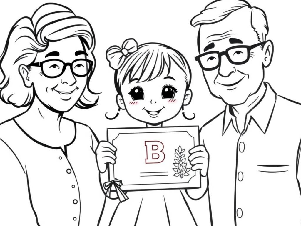 Preview of A little girl with two grandparents, holding a diploma with caption "B" and a little swimmer on it