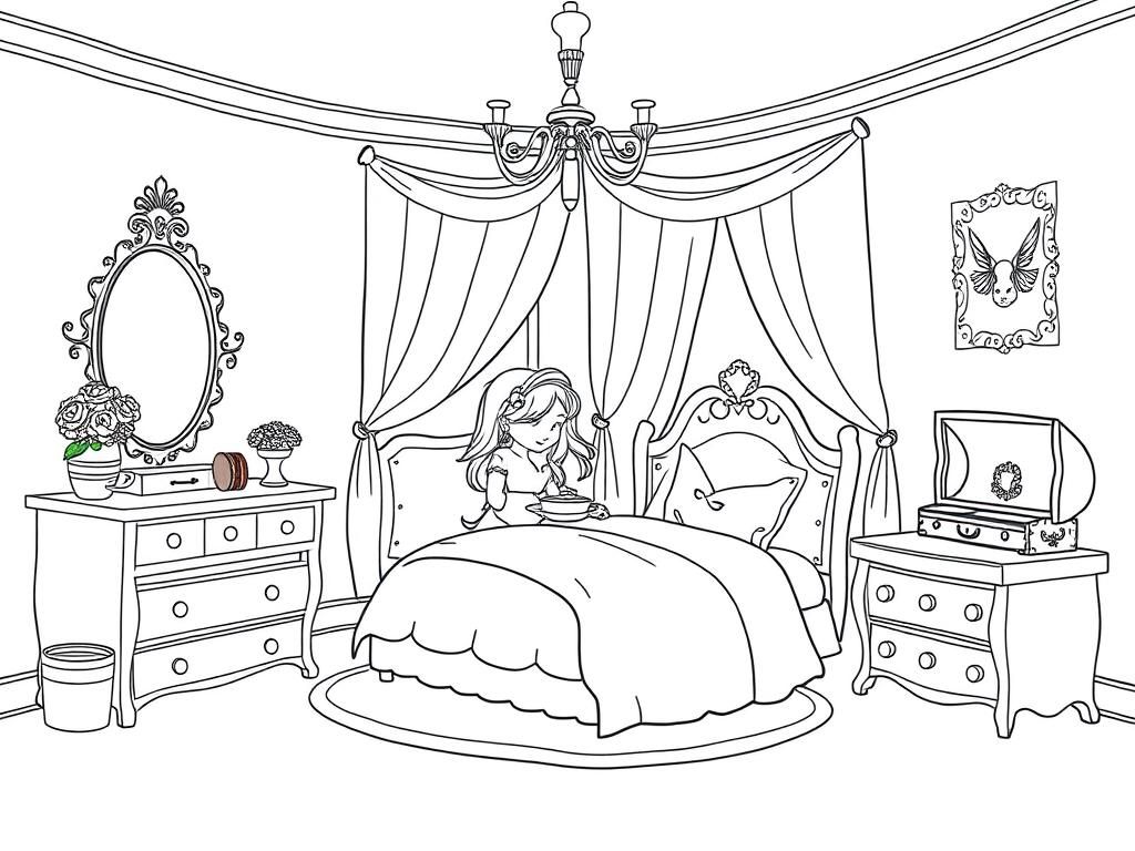 Girl Eating in Bed Coloring Page