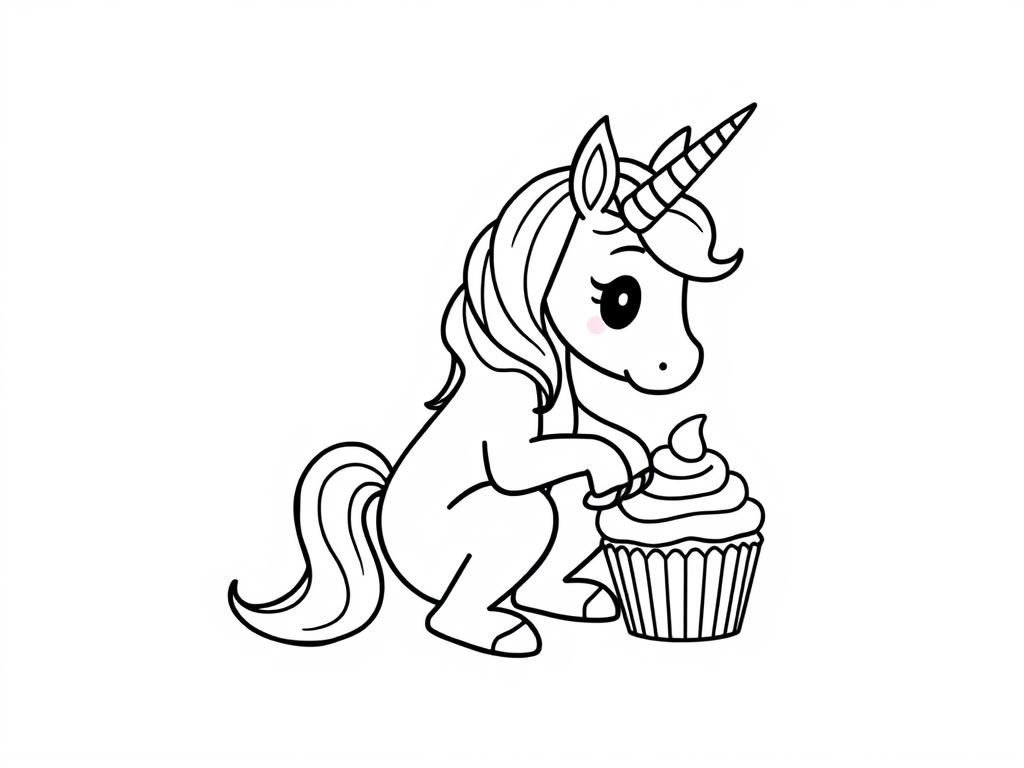 Unicorn Decorating Cupcake Coloring Page