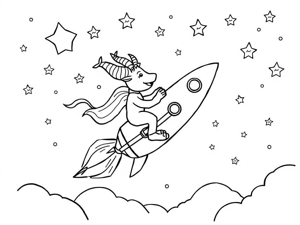 Preview of A long horn riding a rocket in a sky with stars