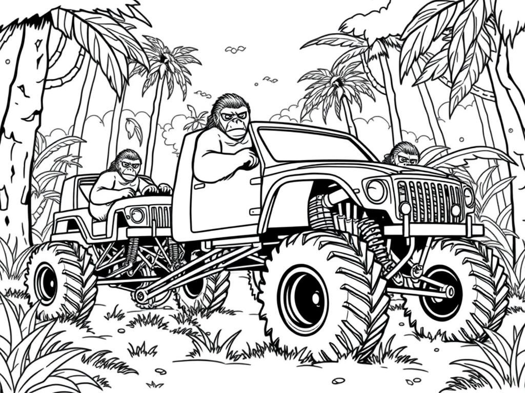 Coloring Page of Gorillas in a Jeep