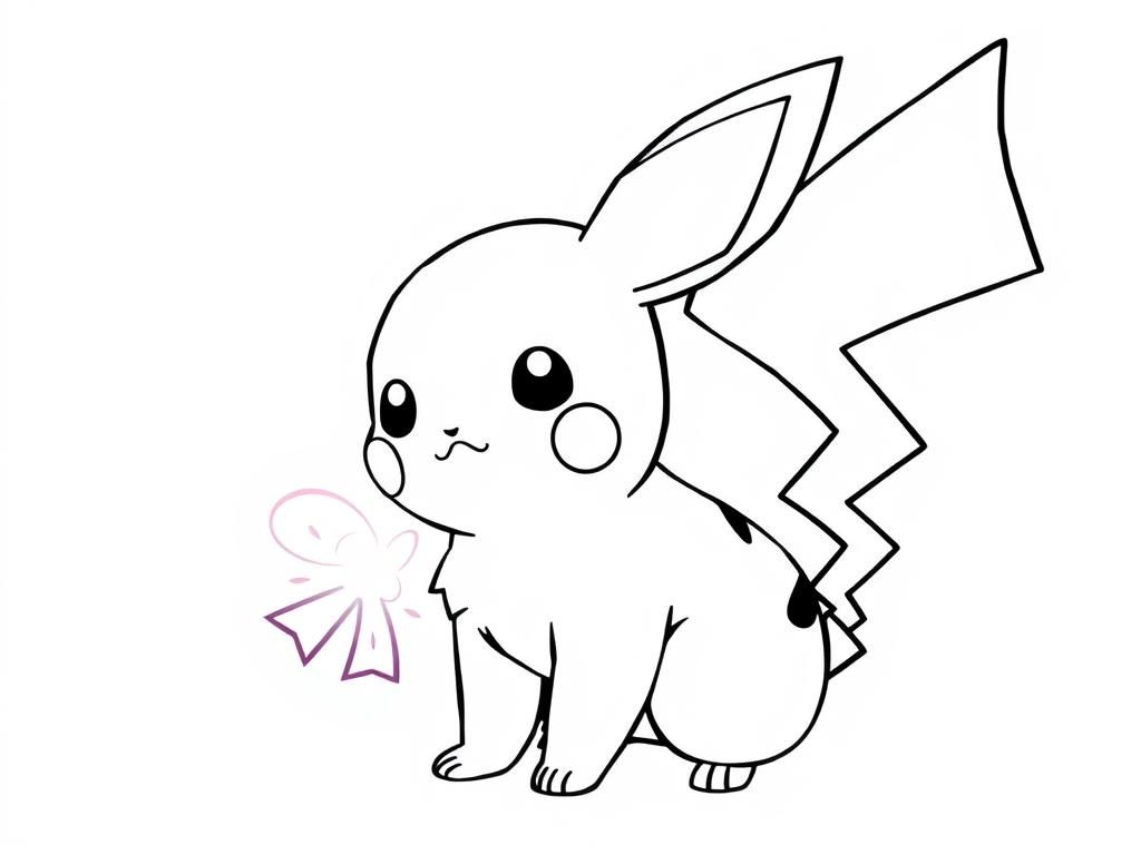 Preview of A magical baby pikachu coloring pages design where Baby Pikachu is staring in wonder at a glowing Sylveon ribbon