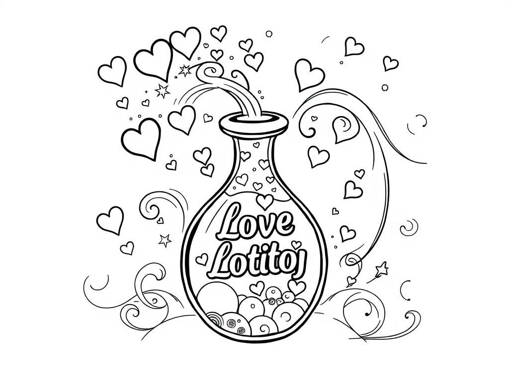 A magical love potion bottle bubbling with sparkles and swirls, designed as a Valentines Day coloring page