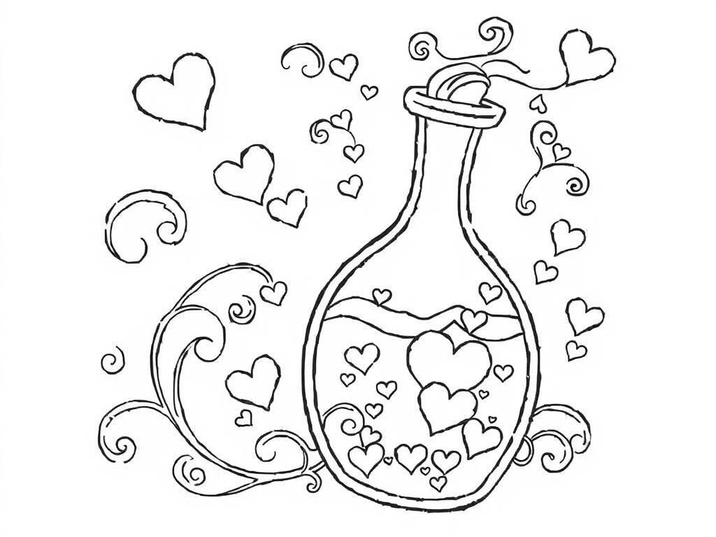 Preview of A magical Valentines coloring page of a love potion bubbling in a fancy bottle with swirls and heart-shaped sparkles.