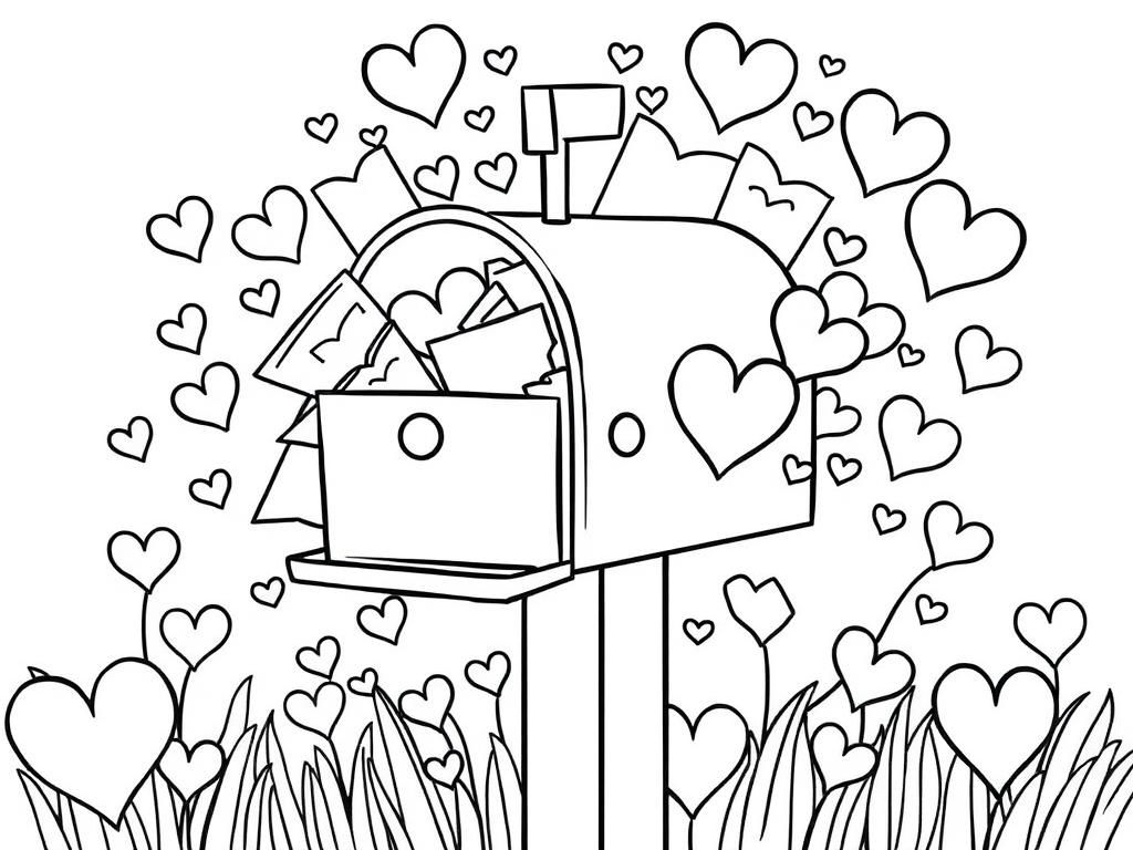 A mailbox overflowing with love letters and hearts, making the perfect Valentines Day coloring page. - Valentines Day Coloring Page