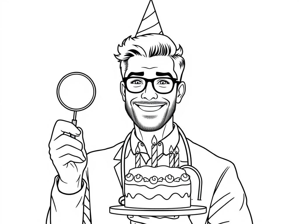 Kleurplaat jarige met vergrootglas