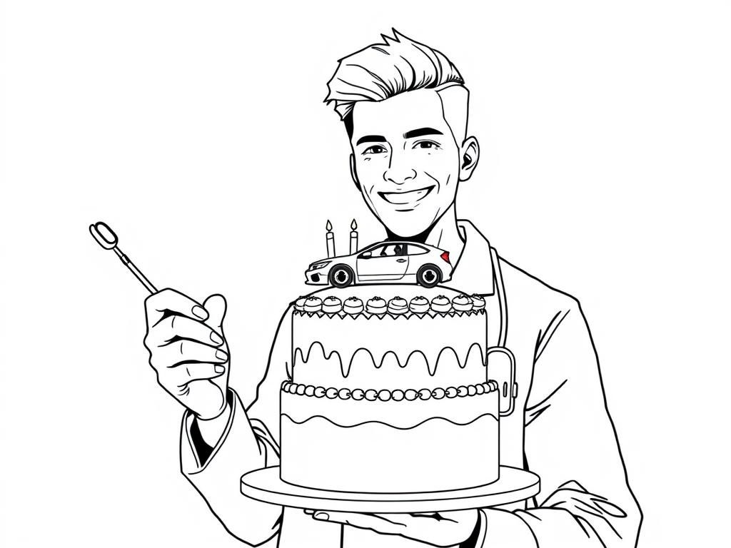 Birthday Cake with Car Coloring Page