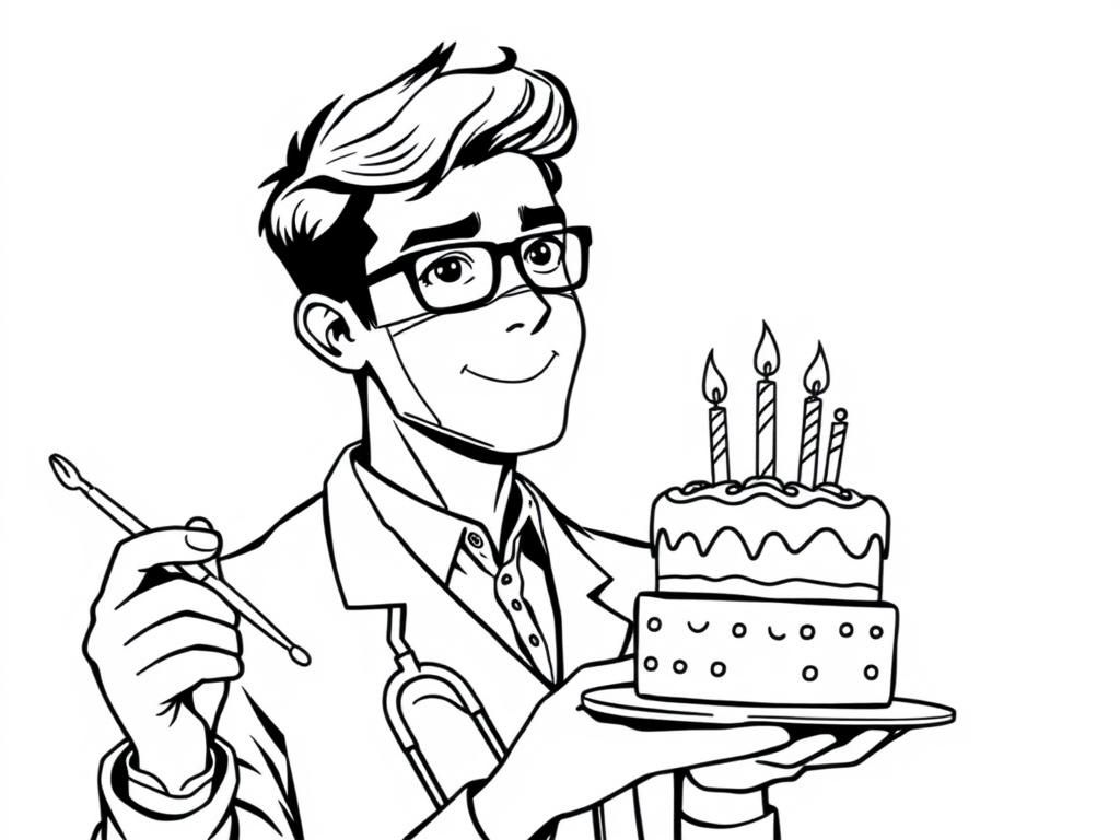 Smiling Doctor With Birthday Cake Coloring Page