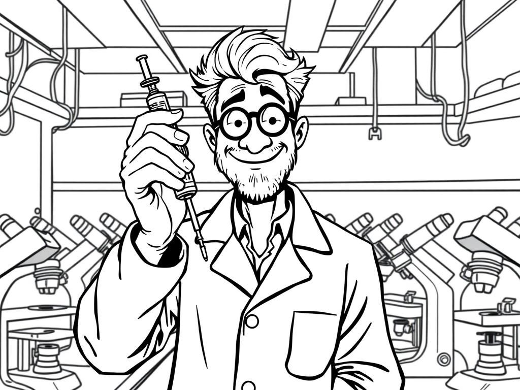 A male scientist holding a syringe that is dripping. The scientist is incredibly goofy looking. In the room with the scientist is so many microscopes