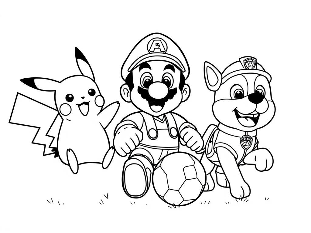 Preview of A man Pikachu, Mario and Rubble from the PAW patrol playing soccer