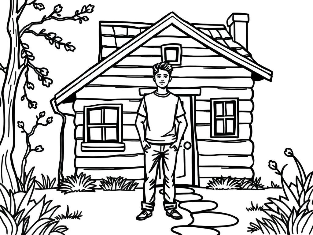 Log Cabin Boy Coloring Page