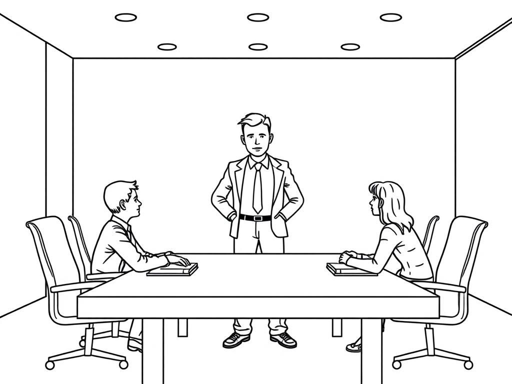 A man standing up at a business meeting in a conference room at a table with 5 other people.